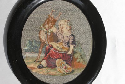 Romantic tapestry with pastoral decor on silver threads 19th century ebony frame