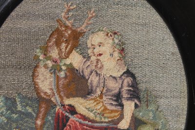 Romantic tapestry with pastoral decor on silver threads 19th century ebony frame