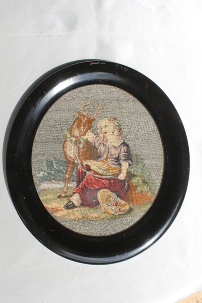 Romantic tapestry with pastoral decor on silver threads 19th century ebony frame