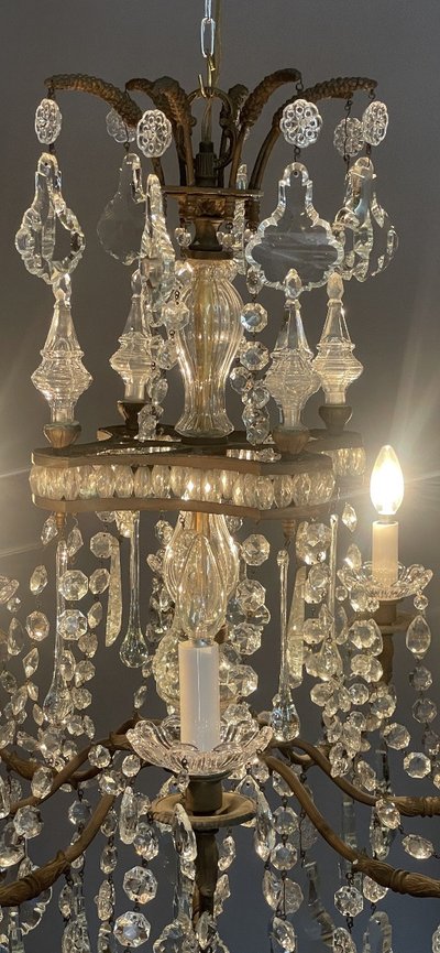 Lampadario a gabbia di cristallo Luigi XV con 8 bracci luminosi