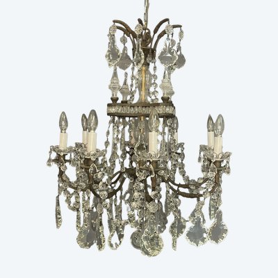 Lampadario a gabbia di cristallo Luigi XV con 8 bracci luminosi