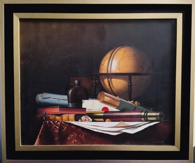 Nature Morte avec Globe, Livres et Longue-vue,  Huile sur toile par  Jean Grimal (1942–1998)