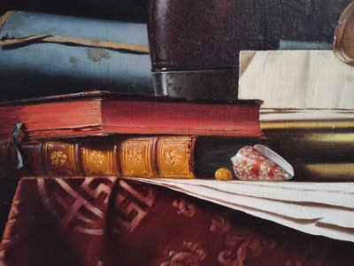 Nature Morte avec Globe, Livres et Longue-vue,  Huile sur toile par  Jean Grimal (1942–1998)