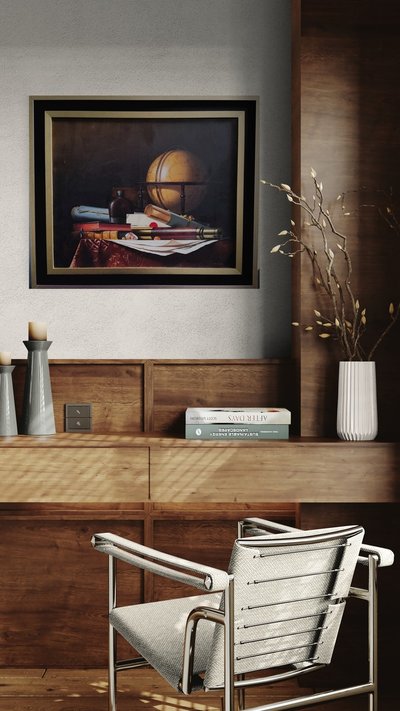 Nature Morte avec Globe, Livres et Longue-vue,  Huile sur toile par  Jean Grimal (1942–1998)