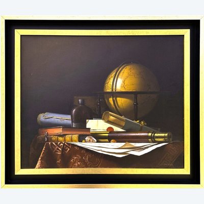Nature Morte avec Globe, Livres et Longue-vue,  Huile sur toile par  Jean Grimal (1942–1998)