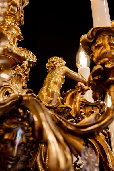 Victor Raulin (1867-1925) and Baccarat Lustre aux Amours in Chiseled and Gilded Bronze, Louis XV Sty