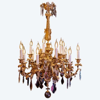Victor Raulin (1867-1925) and Baccarat Lustre aux Amours in Chiseled and Gilded Bronze, Louis XV Sty