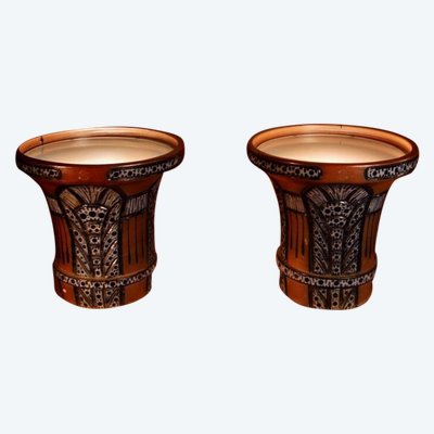 Paire de très rares et impressionnantes jardinières Art déco en grès cérame, tables d'appoint suppr