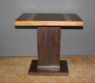 Guéridon Art déco en chêne et bronze nickelé vers 1930