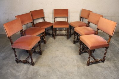 Suite of 7 walnut chairs in the Louis XIII style, 19th century