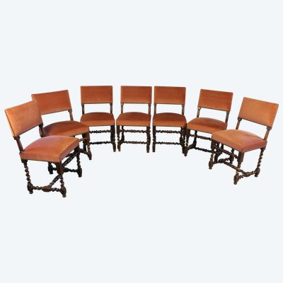Suite of 7 walnut chairs in the Louis XIII style, 19th century