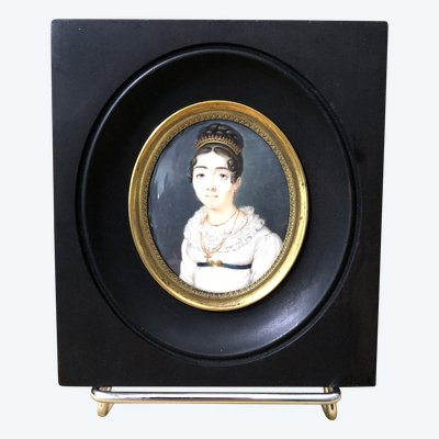 Alte gerahmte Miniatur aus der EMPIRE-Zeit Porträt einer jungen Frau mit Diadem XIX.