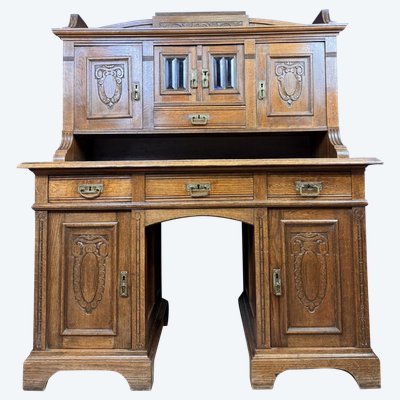 Bureau à gradin époque art nouveau en chêne sculpté vers 1900 