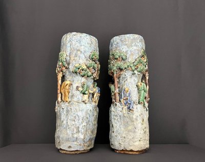 Coppia di vasi cinesi in ceramica Shiwan - Fine XIX/inizio XX secolo