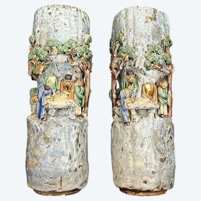 Coppia di vasi cinesi in ceramica Shiwan - Fine XIX/inizio XX secolo