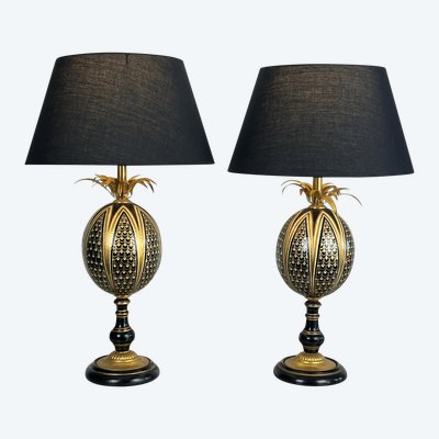 MAISON CHARLES ( im Geschmack von ) PAIRE DE LAMPES EN LAITON ET OEUF D'AUSTRUCHE