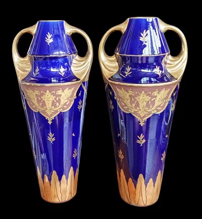 Paire grands vases anciens bleu de Tours Manufacture Jaget et Pinon 