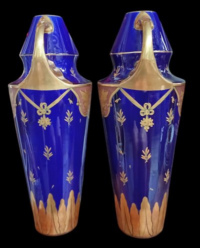 Paire grands vases anciens bleu de Tours Manufacture Jaget et Pinon 