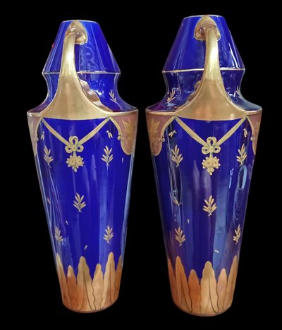 Paire grands vases anciens bleu de Tours Manufacture Jaget et Pinon 