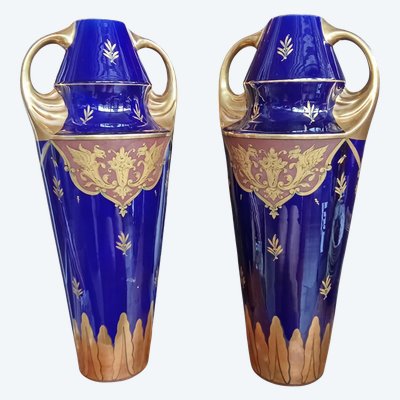 Paire grands vases anciens bleu de Tours Manufacture Jaget et Pinon 