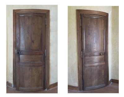 Two antique oak cornerboards curved cupboard doors