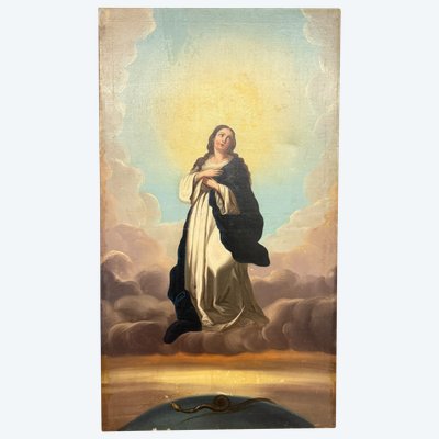 Peinture à l'huile ancienne Immaculée conception, 104x59 cm, Ecole italienne du 19e siècle