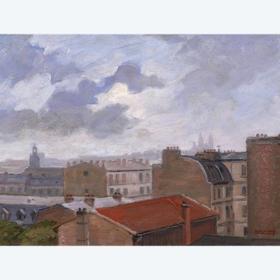 Salvator SANCHIS, Parigi, i tetti con Montmartre, dipinto di paesaggio, 1930-40 ca.
