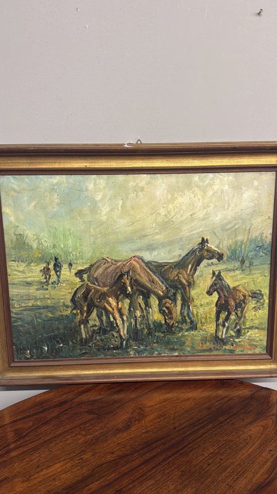 Ancienne peinture à l'huile sur toile - Chevaux au pâturage - 1900, 82x62cm, signée en bas à droite.