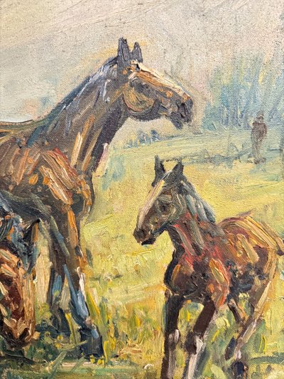 Ancienne peinture à l'huile sur toile - Chevaux au pâturage - 1900, 82x62cm, signée en bas à droite.