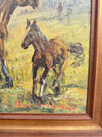 Ancienne peinture à l'huile sur toile - Chevaux au pâturage - 1900, 82x62cm, signée en bas à droite.
