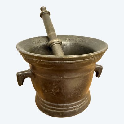 Mortier ancien en bronze d'Ombrie du 16ème siècle, avec pilon, 10x15 cm