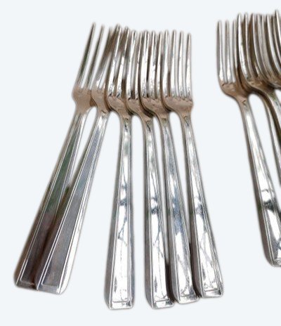 12 silver-plated dessert forks, art deco model, Felix Frères goldsmiths