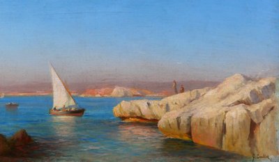 François Gautier 1842-1917 Marsiglia, barca in mare, paesaggio, dipinto del 1890 circa Impressionismo