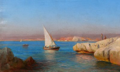 François Gautier 1842-1917 Marsiglia, barca in mare, paesaggio, dipinto del 1890 circa Impressionismo