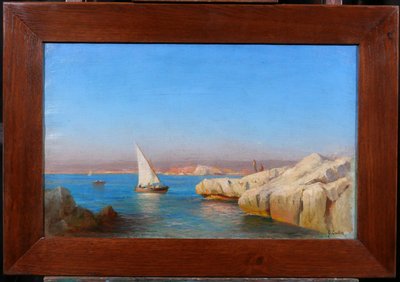 François Gautier 1842-1917 Marsiglia, barca in mare, paesaggio, dipinto del 1890 circa Impressionismo