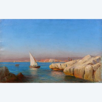 François Gautier 1842-1917 Marsiglia, barca in mare, paesaggio, dipinto del 1890 circa Impressionismo