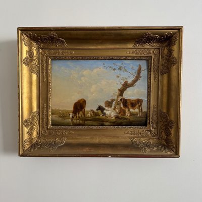Öl auf Holz, trinkende Kühe, von Jean-Baptiste Berré, 1830