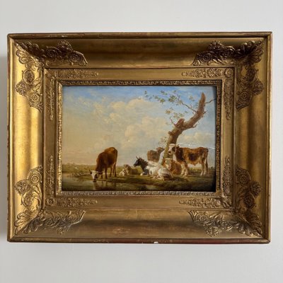 Öl auf Holz, trinkende Kühe, von Jean-Baptiste Berré, 1830