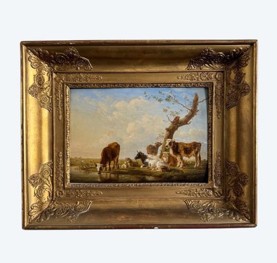 Öl auf Holz, trinkende Kühe, von Jean-Baptiste Berré, 1830