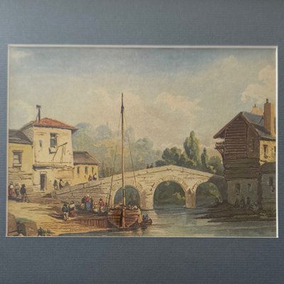 Aquarelle sur papier bateau ancré près d'un pont XIXe cadre doré