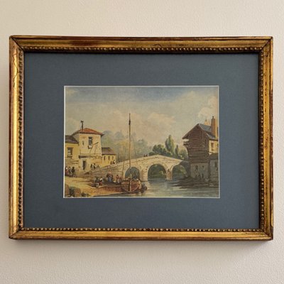 Aquarelle sur papier bateau ancré près d'un pont XIXe cadre doré