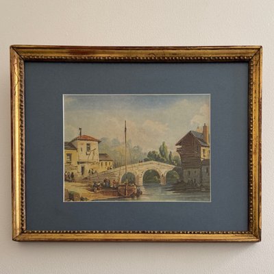 Aquarelle sur papier bateau ancré près d'un pont XIXe cadre doré