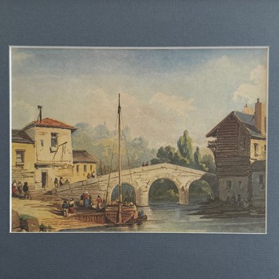 Aquarelle sur papier bateau ancré près d'un pont XIXe cadre doré