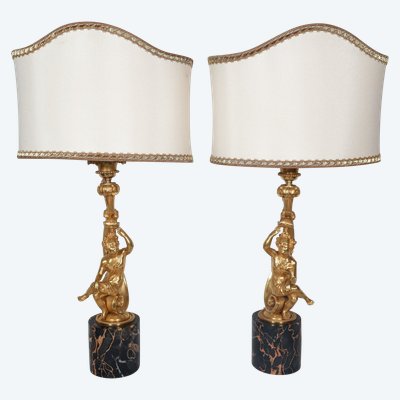 Paire de lampes en bronze doré, époque Napoléon III