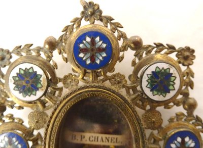 Reliquary medallion gilded brass enamel Blessed Peter Chanel late 19th century