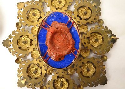 Reliquary medallion gilded brass enamel Blessed Peter Chanel late 19th century