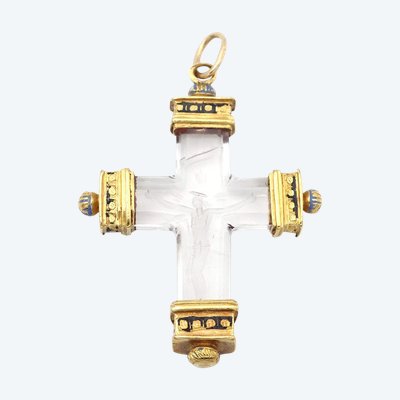 Croix 17e intaille cristal de roche en or 22k, pendentif croix ancienne, christ en intaille