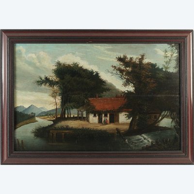 Scuola fiamminga del XVIII secolo, Olio su tavola, La casa sul fiume