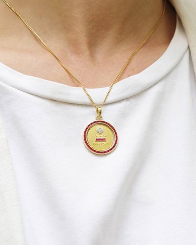 Rara medaglia d'amore Augis con rubino aureolato in oro 18 carati, ciondolo d'epoca francese, medaglia sentimentale Augis