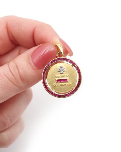 Rara medaglia d'amore Augis con rubino aureolato in oro 18 carati, ciondolo d'epoca francese, medaglia sentimentale Augis